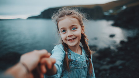 Little girl with long braided hair in a denim dress holds her father's hand on the background of the sea.の素材