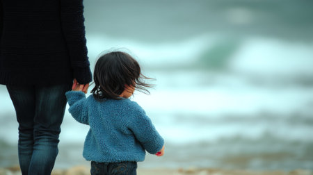 Mother and daughter walking on the beach at the day time. Concept of friendly family.の素材