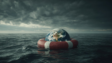 Earth in lifebuoy floating in the sea. 3d renderの素材