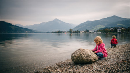 Little girl sitting on the shore of lake with mountains in the backgroundの素材
