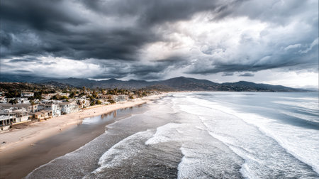 Panoramic view of San Sebastian beach in Spain with stormy skyの素材