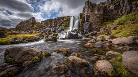 Long exposure of waterfall in Thingvellir National Park, Iceland.の素材