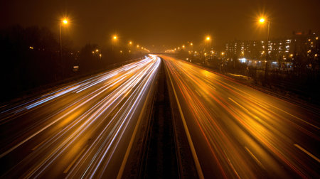 light trails on the street at night, long exposure, horizontal pictureの素材