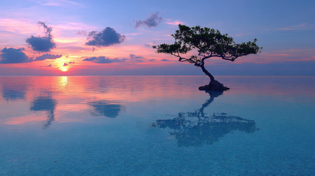 Tropical island at sunset with a tree in the water.の素材
