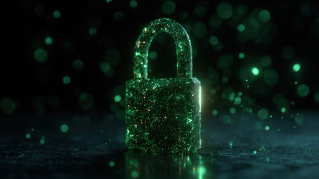 Green padlock on a dark background. Cyber security concept. 3D Renderingの素材