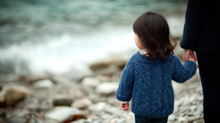 Cute little girl with her mother on the seashore.の素材