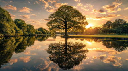 Sunset over a lake with an oak tree reflected in the waterの素材
