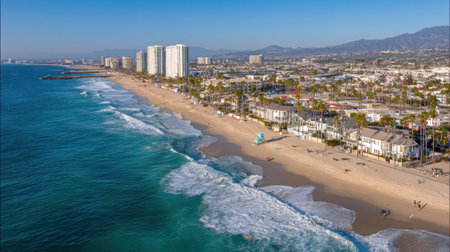 Aerial view of Santa Monica Beach in Los Angeles, California.の素材