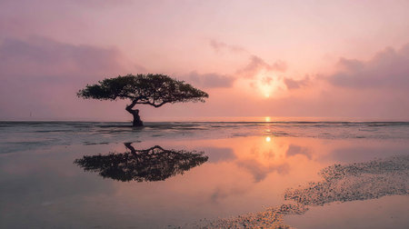 Tropical beach at sunset with a tree reflected in the waterの素材