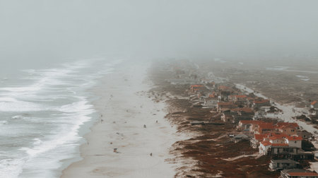 Aerial view of the beach in a foggy day in winterの素材