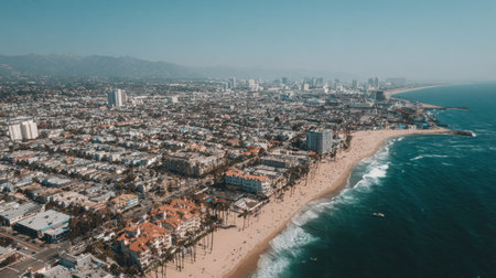 Aerial view of Santa Monica Beach in Los Angeles, California.の素材