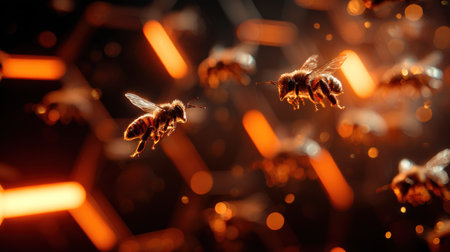 Honey bees flying on honeycombs. Macro shot with shallow depth of fieldの素材