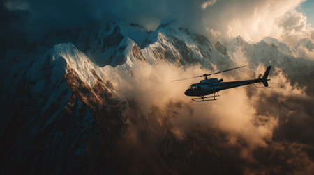 Helicopter flying in the clouds over the mountains. 3d renderの素材