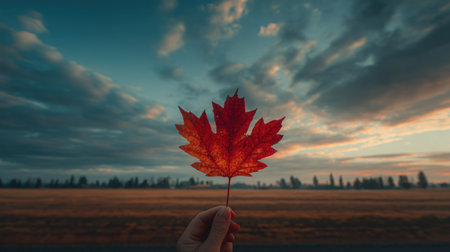 Maple leaf in hand on sunset sky background. Autumn season.の素材