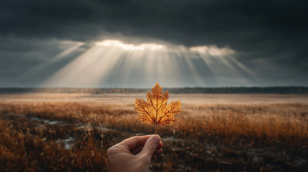 Female hand holding a yellow maple leaf in front of a dark stormy skyの素材