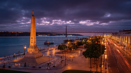 Bosphorus Bridge and Obelisk at night, Istanbul, Turkeyの素材