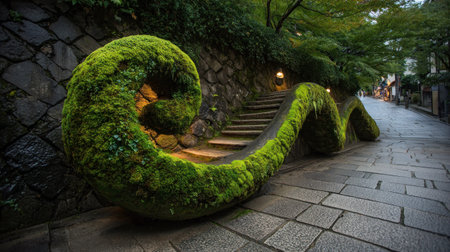 Stone stairs in a Japanese garden with moss and lighted lanternsの素材