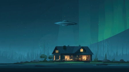 Illustration of a flying saucer abducting a house at nightの素材