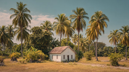 Coconut trees and house in the countryside, vintage style.の素材