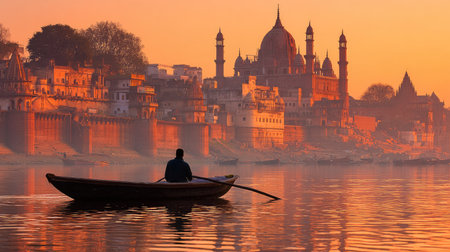 Silhouette of a man rowing a boat on the river in front of the mosque at sunriseの素材