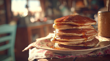 Stack of pancakes with maple syrup on a rustic wooden table.の素材