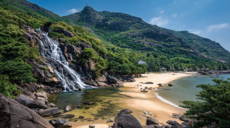 Tropical beach with waterfall and blue sky in Phuket, Thailandの素材