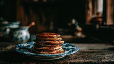 Pancakes with maple syrup on a blue plate on a wooden tableの素材