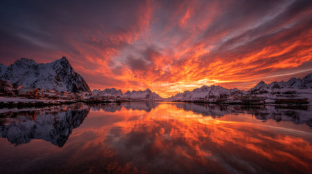 Sunset over Reine lake, Lofoten islands, Norwayの素材