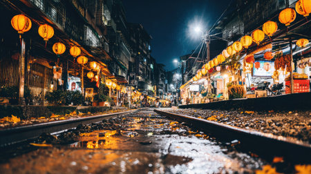 Beautiful night view of the old street in Kanchanaburi, Thailand.の素材