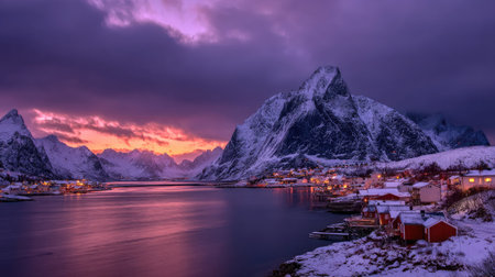 Sunset over Reine village, Lofoten islands, Norwayの素材