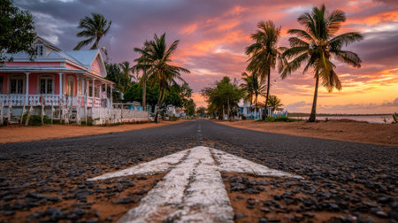 Asphalt road with white arrow sign and coconut tree at sunset.の素材