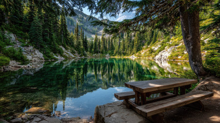 Wooden table and benches on the edge of a beautiful mountain lakeの素材