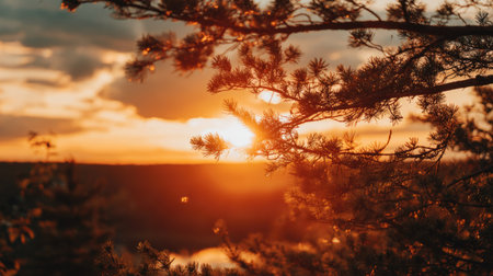 Beautiful sunset in the forest. Nature background. Selective focus.の素材