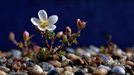 Little white flower on pebbles on a dark blue background.の素材