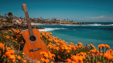 Guitar on the beach with orange flowers in Tenerifeの素材