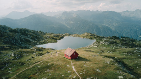 Aerial view of a small red house on a mountain lake.の素材