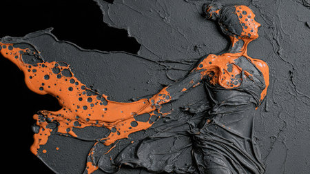 Black and orange oil paint on a black background. Abstract art.の素材