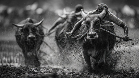 Thai buffalo racing on rice field in action, black and whiteの素材