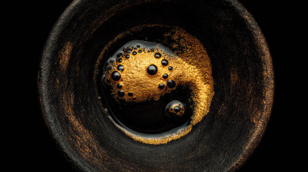 Black cup of coffee with gold sparkles on a black background.の素材