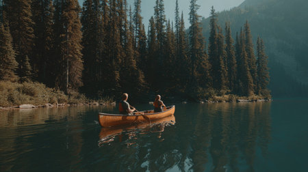 Couple kayaking on a lake in the mountains. Man and woman canoeing on the lake.の素材