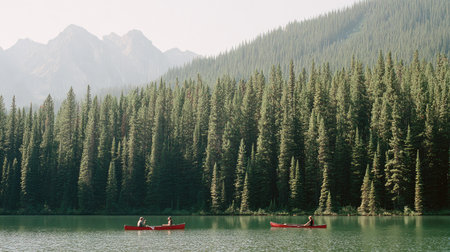 Canoeing on a mountain lake surrounded by coniferous forestの素材