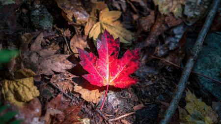 Red maple leaf on the ground in the forest. Autumn concept.の素材