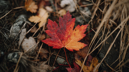 Red maple leaf on the ground. Autumn season. Selective focus.の素材
