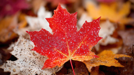 Maple leaf with water drops on a blurred background of autumn leavesの素材