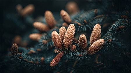Beautiful spruce branch with cones on a dark background. Selective focus.の素材