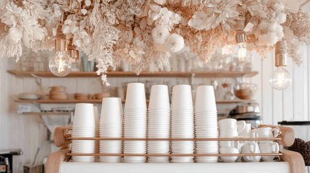 Set of white tableware on the table in the interior of the restaurantの素材