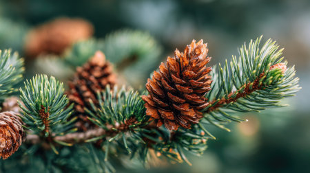 Pine tree branch with cones, close up, selective focus.の素材