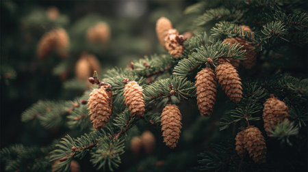 Branch of a fir tree with cones and buds close up.の素材