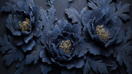 Luxury black and gold floral background. 3D rendering.の素材
