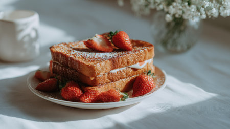 French toast with fresh strawberries and whipped cream on a white table.の素材